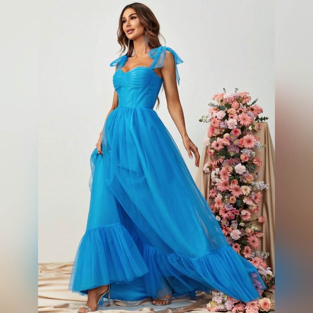 Tie Shoulder Ruffle Hem Mesh Maxi Dress In Color Blue. Size Medium.  $109 retail